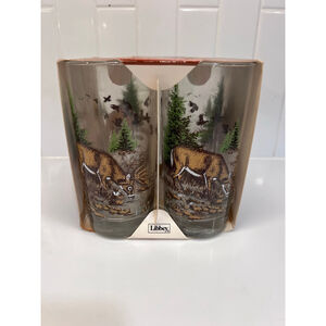 Vintage Libbey Glass Deer Outdoor Hunting Woods Bar Highball Glass Set 4 NEW